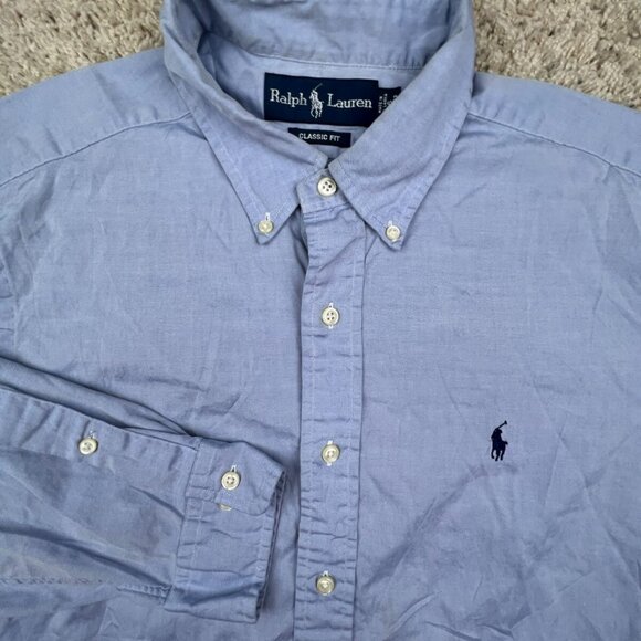 Ralph Lauren Button Up Shirt Cotton Size 16 32/33 Solid Blue Classic Fit L/S - Picture 1 of 9